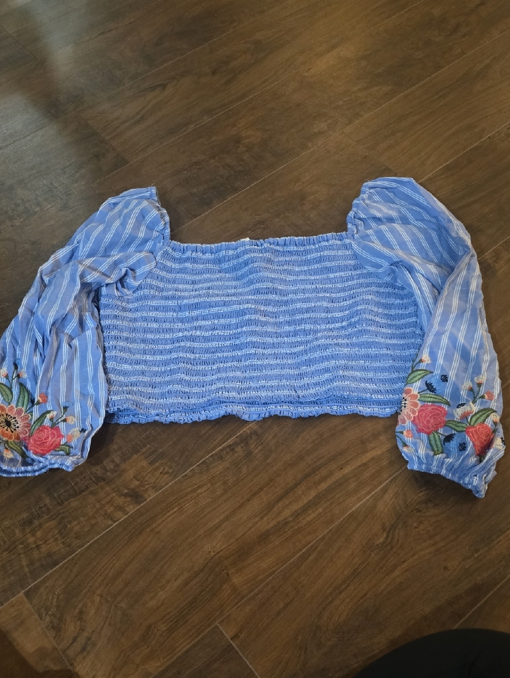 Xhilaration Light Blue Smocked Crop Top with Puff Sleeves and Floral Embroidery